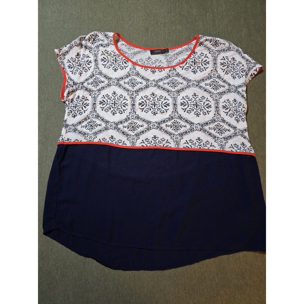 THML White & Navy Patterned Short Sleeve Blouse with Coral Trim